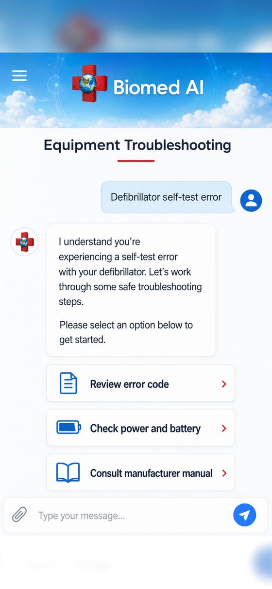Biomed AI equipment troubleshooting | BiomedRx App Biomed AI equipment troubleshooting in the BiomedRx App working a defibrillator self-test error step by step