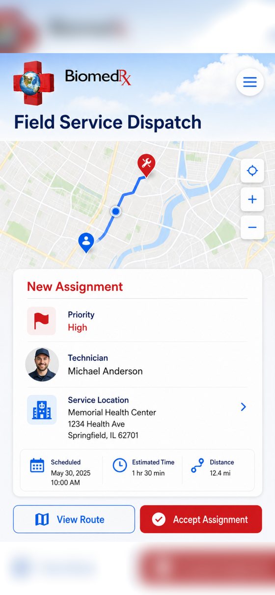 Field service dispatch | BiomedRx App A field service dispatch in the BiomedRx App with route map, priority, technician, service location and estimated time