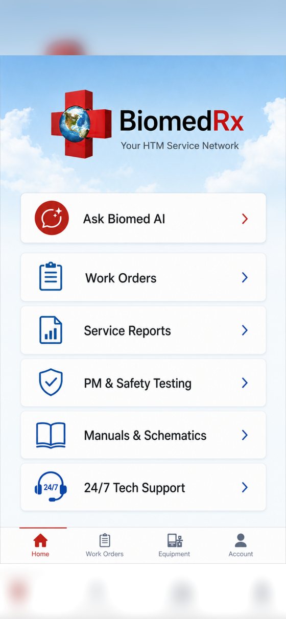 Home dashboard | BiomedRx App The BiomedRx App home dashboard with Ask Biomed AI, work orders, service reports, PM and safety testing, manuals and schematics, and 24/7 tech support