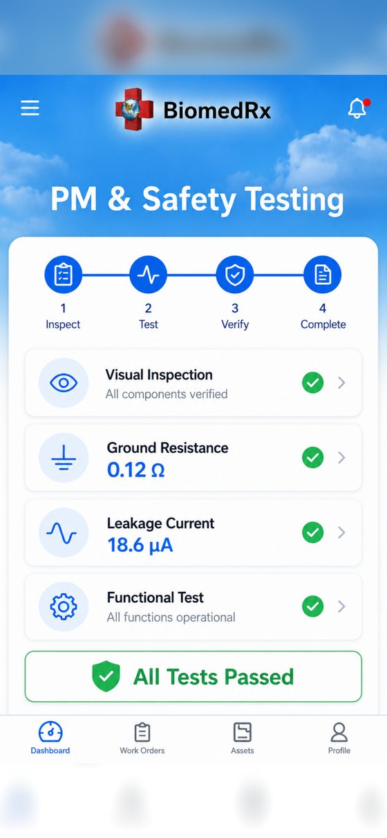 PM and electrical safety testing | BiomedRx App Preventive maintenance and electrical safety testing in the BiomedRx App showing ground resistance and leakage current results