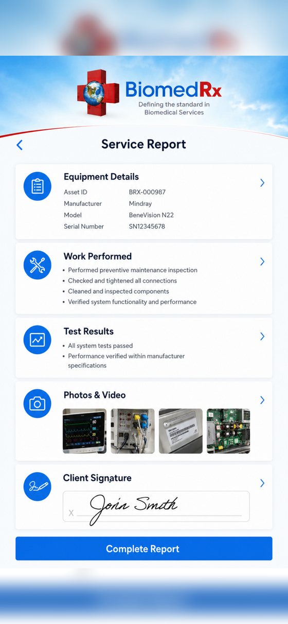 Service report | BiomedRx App A BiomedRx App service report with equipment details, work performed, test results, photos and video, and the client signature