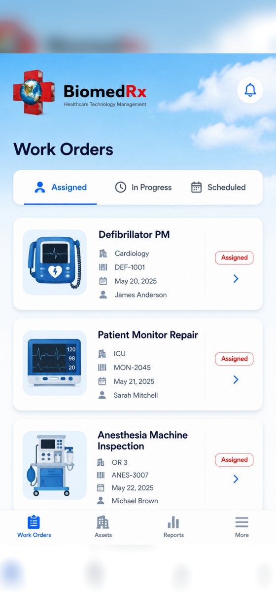 Work orders | BiomedRx App Assigned, in-progress and scheduled work orders in the BiomedRx App with asset, department and due date