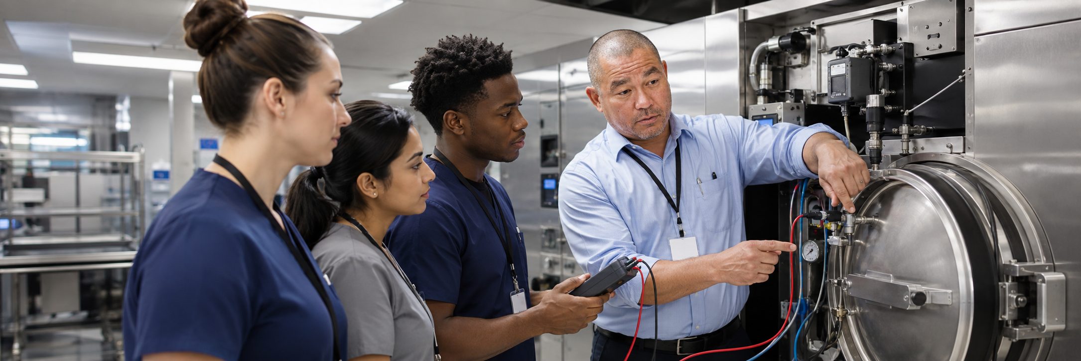 Biomedical equipment technicians training on anesthesia machine service procedures