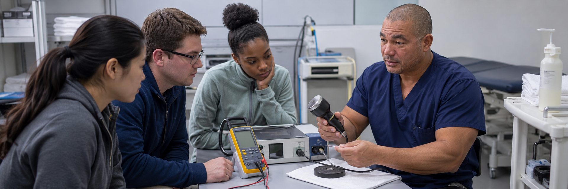 Laboratory instrument calibration on a precision test bench with an oscilloscope