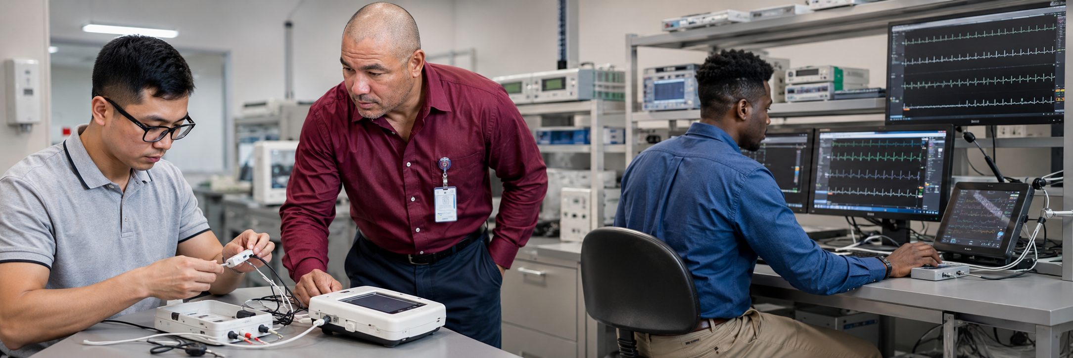 Operating room surgical light inspection and service | BiomedRx HTM services HTM technicians inspecting operating room surgical lights during scheduled service