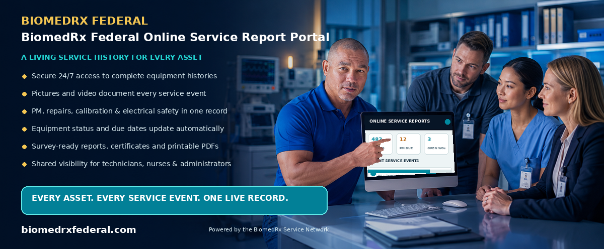 BiomedRx Federal Online Service Report Portal — every service event, live in your secure online report portal; view a sample report